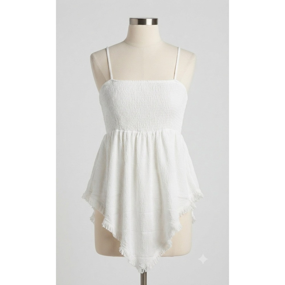 White Smocked Handkerchief Hem Fringed Camisole Top Boho Crinkle Sleeveless L